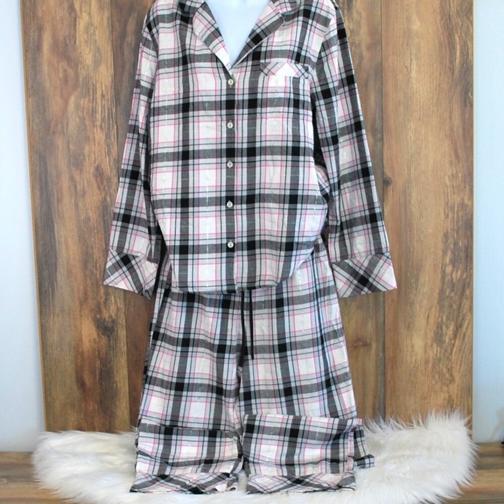 Victoria's Secret Plain Pink White Black Pajama Set Flannel S